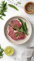 Butterflied lamb leg marinated with baharat ready for grilling on a clean white background with fresh herbs and lime