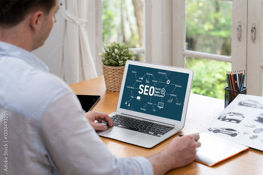 Poster seo search engine optimization for brisk e-commerce and online retail business showing on computer s