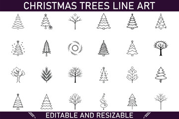 Editable Christmas Trees Line Art Minimalist Vector Icons Set