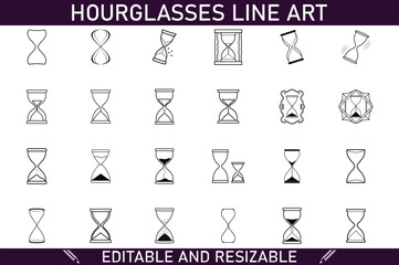 Editable Hourglass Line Art Icons Time, Sand, Vintage, Design Elements