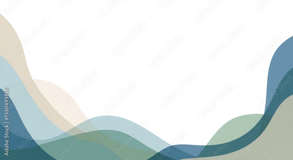 Poster modern abstract design with flowing, overlapping shapes in calming blue, green, and beige tones form