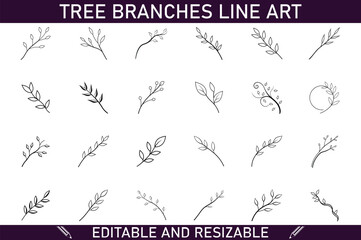Elegant Tree Branches Line Art Editable, Resizable, Botanical Illustrations
