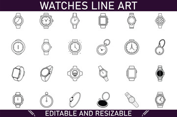 Editable Resizable Watch Line Art Icons Collection Set Design
