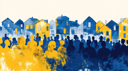 Silhouettes in the crowd in bright blue and yellow colors. An illustration dedicated to Down's Day.