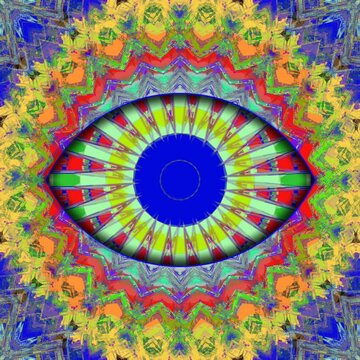 Seamless psychedelic eye mandala with swirling fractal geometry and vivid colors. Great for trance music videos, consciousness exploration content, and ceremonial backdrops.