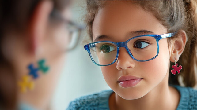 A sad, thoughtful girl with glasses at a doctor's appointment in close-up. A conversation with a speech therapist - Powered by Adobe