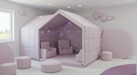 Playroom with House Shaped Structure and Soft Pastel Furniture for Children