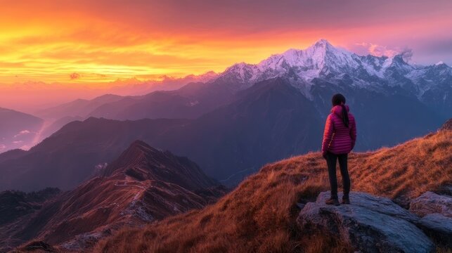 A hiker gazes at a breathtaking sunrise over snow-capped mountains - Powered by Adobe