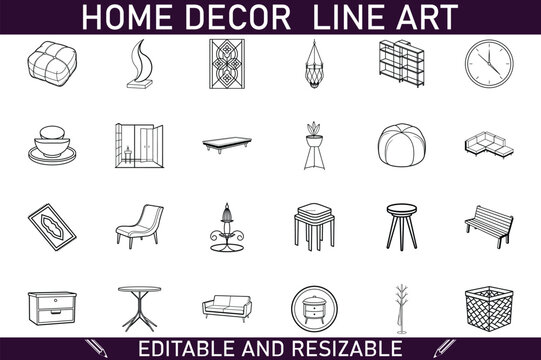 Editable Home Decor Line Art Furniture, Clocks, and Plants