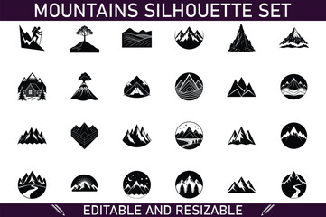 Editable Mountain Silhouettes Icons, Set, Vector, Design, Nature, Landscape, Graphic, Elements, Illu