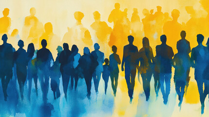 Silhouettes of people in blue with yellow shadows. Abstract illustration for Down's Day