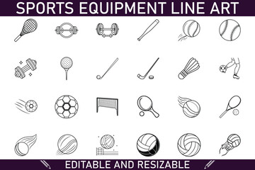 Editable Resizable Sports Equipment Line Art Icons Collection