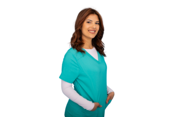 Young female doctor smiling with hands in pockets on transparent background