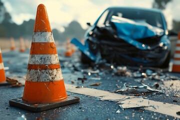 Crashed car accident scene with shattered blue vehicle, broken glass, debris, and damaged orange traffic cones in the foreground. Ideal for safety training or project illustrations.