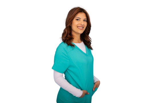 Young female doctor smiling with hands in pockets on transparent background