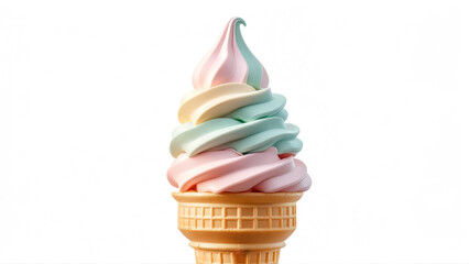 Colorful swirl soft serve ice cream in a classic cone against a white background, ideal for summer treats or dessert cravings