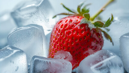 Fresh strawberry rests on a bed of ice cubes, highlighting its vibrant color and texture during a summer chill