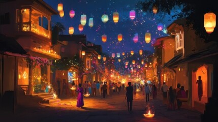Fototapeta premium Night market in a vibrant Indian town, filled with lanterns and people