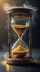 Elegant hourglass with flowing sand in a serene atmosphere, capturing the essence of time and permanence during a dimly lit moment of reflection