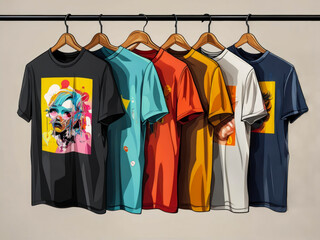 Colorful collection of graphic t-shirts displayed on hangers in a retail setting showcasing unique designs for fashion enthusiasts