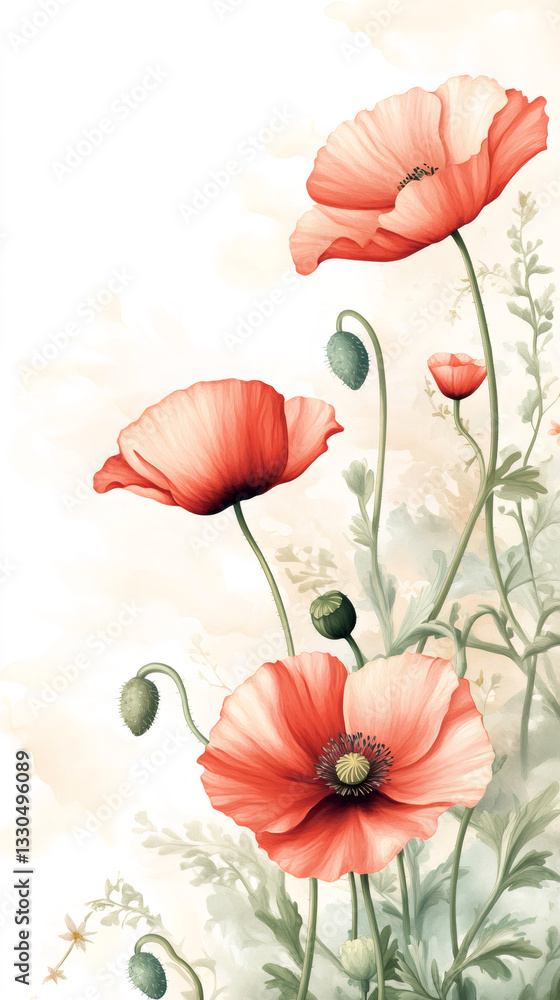 Aufkleber Red poppies and buds blooming in a delicate botanical illustration with a soft watercolor background