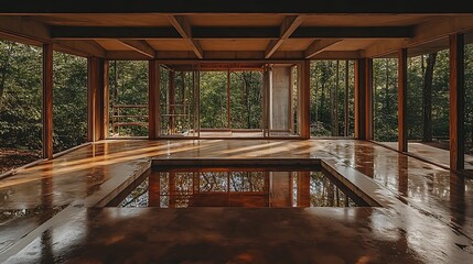 Fototapeta premium Rustic Concrete Interior With Forest View Pool