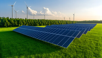 Solar panels and wind turbines in a green field under a clear sky