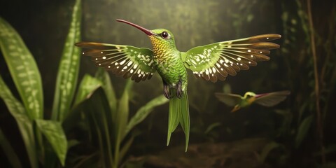 A vibrant green hummingbird displays its wings and flies gracefully