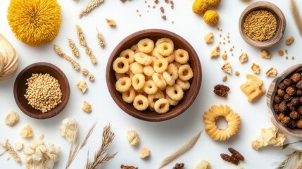 Assorted healthy snacks and dried botanicals on a white background