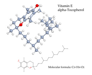 Vitamin E alpha-Tocopherol, powerful antioxidant. 3d illustration on transparent background of molecule and chemical formula. Food sources: vegetable oils, nuts, seeds and fortified breakfast cereals