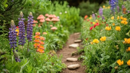 Colorful flower path through a vibrant garden