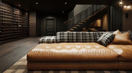 A cozy modern basement with a large leather couch in a neutral tan color, complemented by dark walnut wooden floors