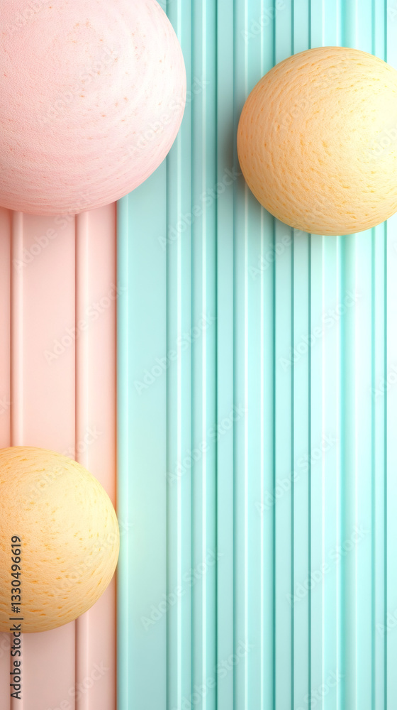 Poster pastel spheres resting on vibrant striped surface, forming minimalist geometric design with negative