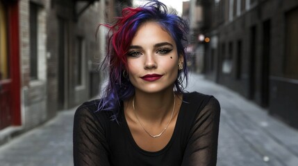 Fototapeta premium Young caucasian female with colorful hair in urban alley