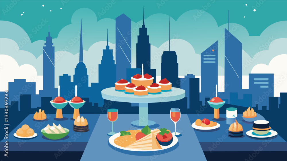 Poster an upscale rooftop party with a spread of elegant finger foods from caviar to canapés set against th