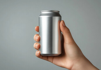Man holding aluminum can with beverage on grey background, closeup. Space for design 
