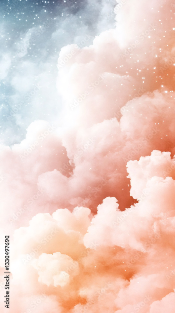 Poster Pastel hues merging softly across celestial canvas, sparkling stars illuminating dreamy cloudscape with ethereal luminescence