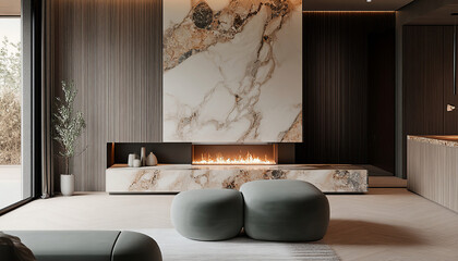 a bohemian luxury home design with a natural marble fireplace