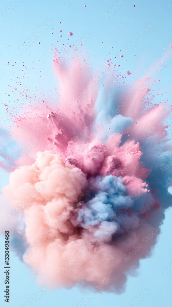 Poster Pink and blue powder particles exploding and creating a colorful cloud on a light blue background, capturing the dynamic energy of the burst