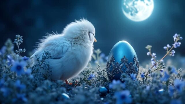 Pulcino bianco con uovo decorato e fiori sotto la luna, atmosfera serale. Generative AI