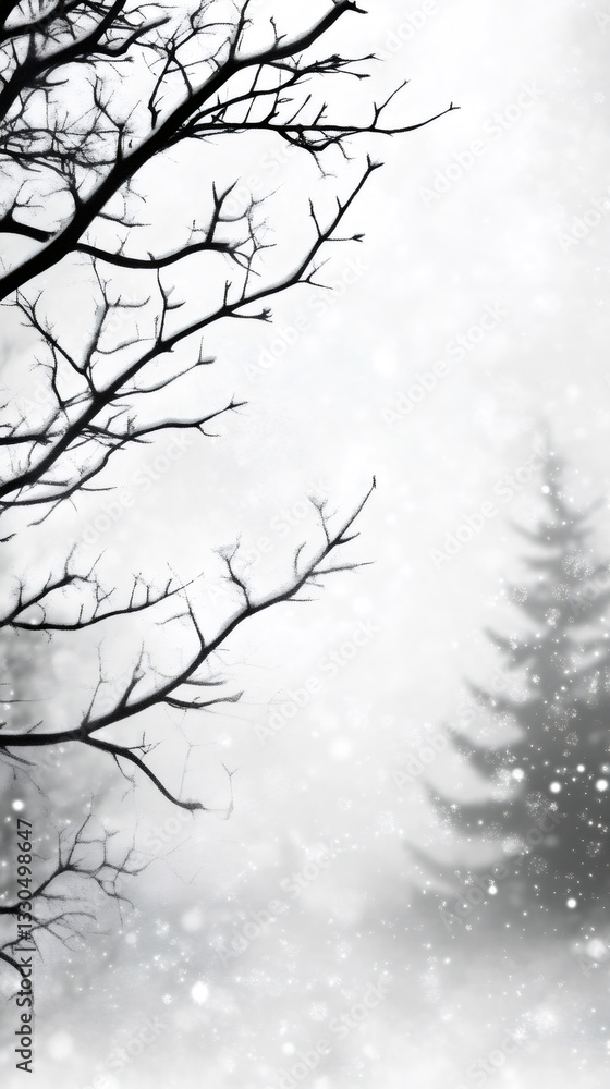 Poster snowflakes falling on bare tree branches and a pine tree in a winter forest create a serene and peac