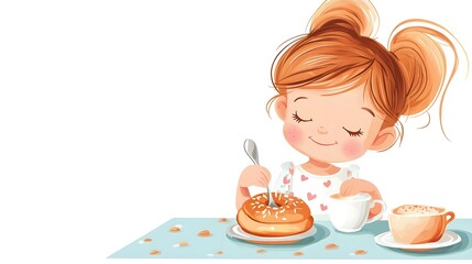 little beautiful girl have a breakfast on white