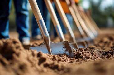 Team start new construction project. Group shovels turn dirt at groundbreaking ceremony, showing teamwork, collaboration. Anticipation, new beginnings, construction, development, realization