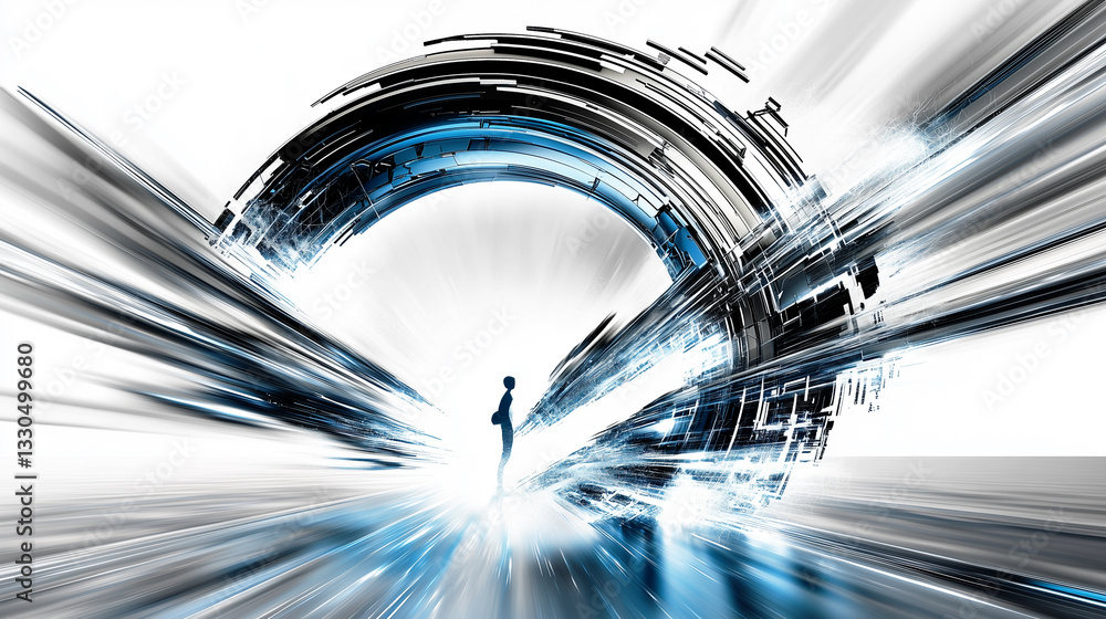 Poster a futuristic abstract image of a human silhouette emerging from a high tech digital tunnel with brig