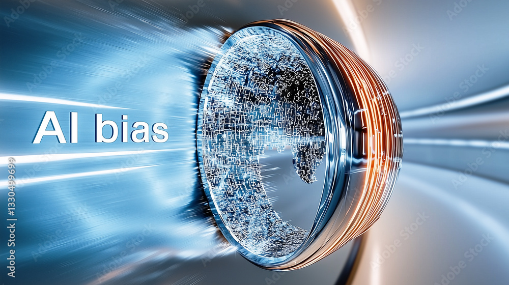 Poster a high speed digital tunnel with ai bias text symbolizes artificial intelligence and its ethical imp