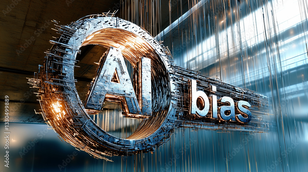 Poster a glowing metallic ai bias sign is suspended in a futuristic digital space. the fragmented structure