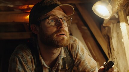 Specialist Inspecting Wooden Beams with Handheld Tools