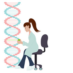 Vector illustration of a scientist working with microscope and dna chain.