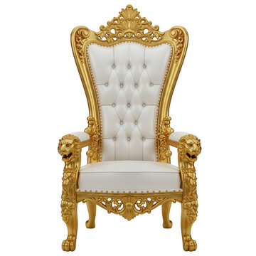 A luxurious and intricately designed golden throne with a high tufted white cushion backrest isolated on transparent background
