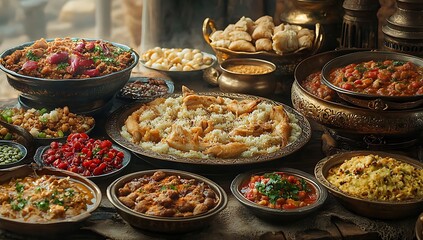 Vibrant Feast with Rice, Meat, Vegetables, and Pastries

